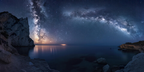 Milky Way over a Calm Sea with Rocky Shores.
