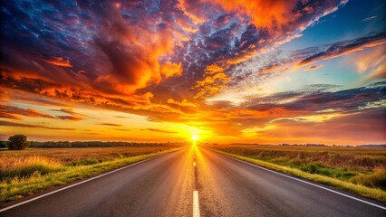 Fototapeta premium Vibrant sunset casting a warm glow over a road , sunset, road, dusk, evening, sky, clouds, colorful, landscape, travel