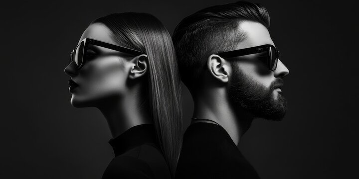 Elegant Couple in Sunglasses Facing Opposite Directions: A High-Contrast Black and White Portrait Emphasizing Style and Modern Elegance