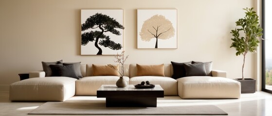 A modern living room featuring minimalist decor, a comfortable sectional sofa, and serene ambiance. The room is well-lit with natural light and a potted plant adds a touch of greenery.