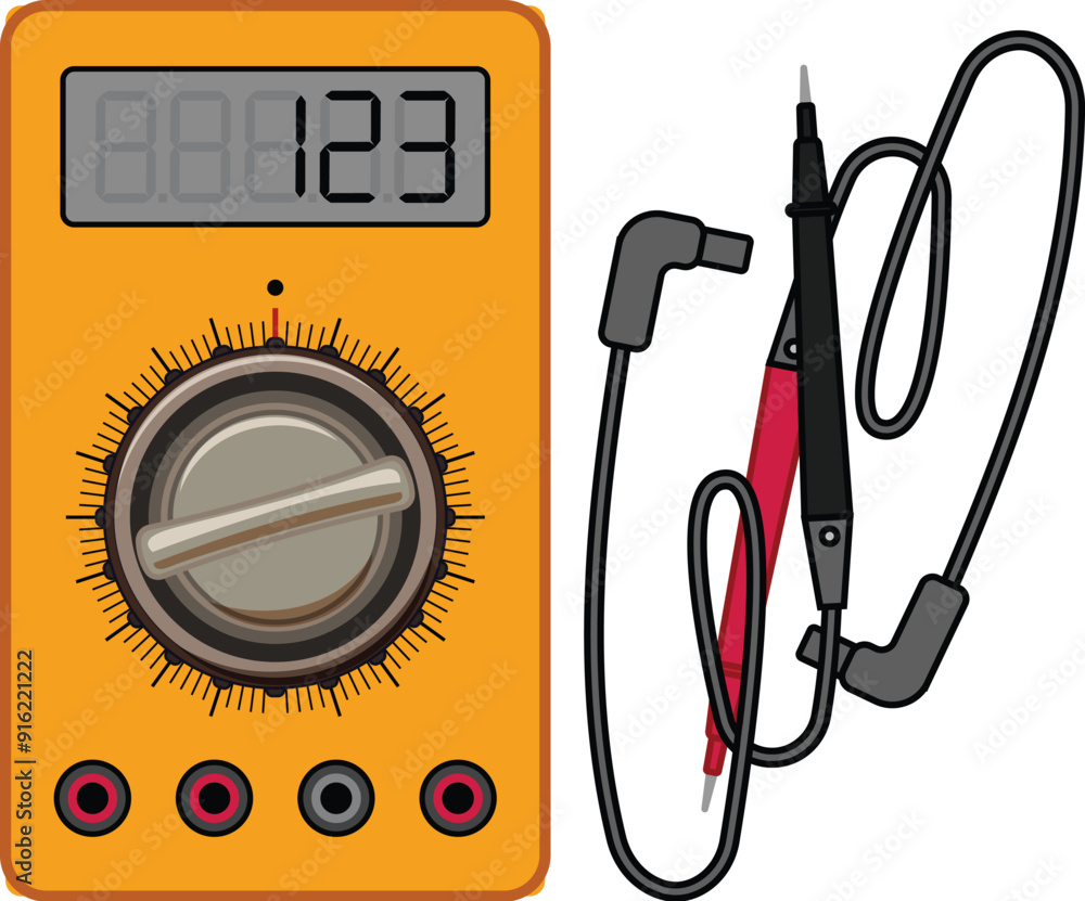 Poster digital multimeter displaying a numeric value and showing its selector knob and its two probes
