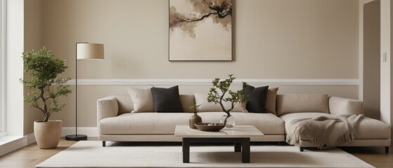 A modern living room featuring minimalist decor, a comfortable sectional sofa, and serene ambiance. The room is well-lit with natural light and a potted plant adds a touch of greenery.