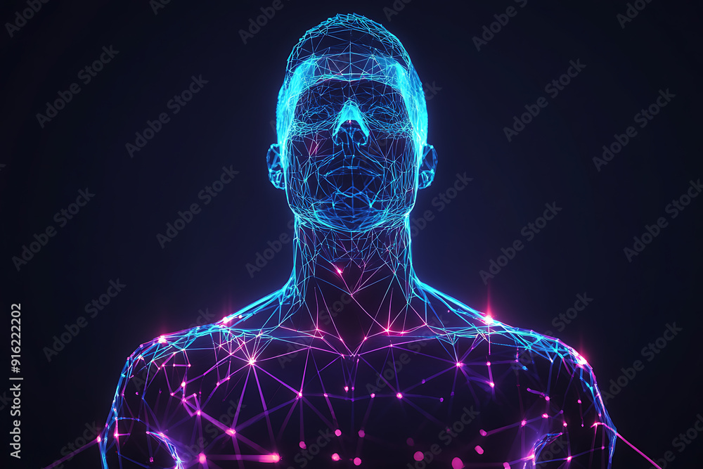Poster handsome, muscular man with a bare torso depicted in a plexus style, combining physical strength wit