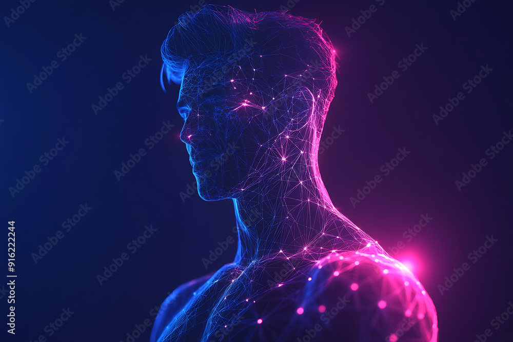 Poster handsome, muscular man with a bare torso depicted in a plexus style, combining physical strength wit