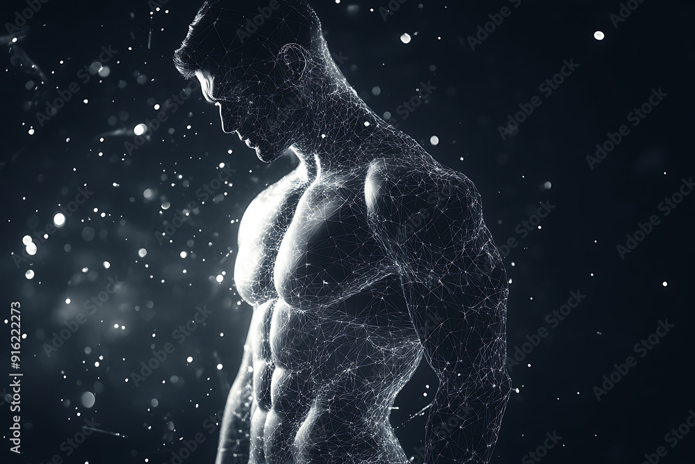 Poster handsome, muscular man with a bare torso depicted in a plexus style, combining physical strength wit
