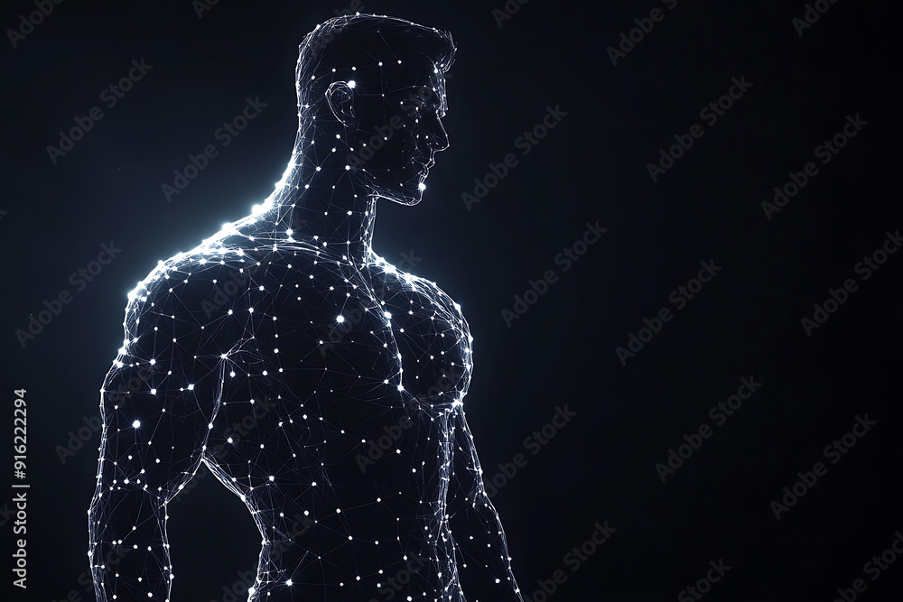 Poster handsome, muscular man with a bare torso depicted in a plexus style, combining physical strength wit