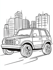 A black and white coloring book illustration shows an SUV car driving through the city, with skyscrapers in the background
