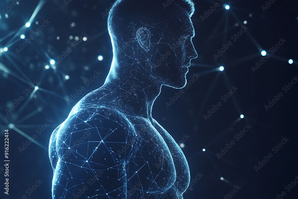 Poster handsome, muscular man with a bare torso depicted in a plexus style, combining physical strength wit