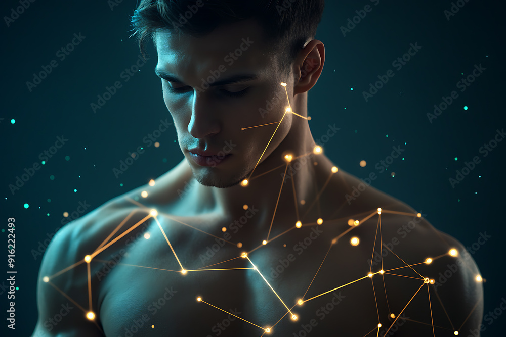 Poster handsome, muscular man with a bare torso depicted in a plexus style, combining physical strength wit