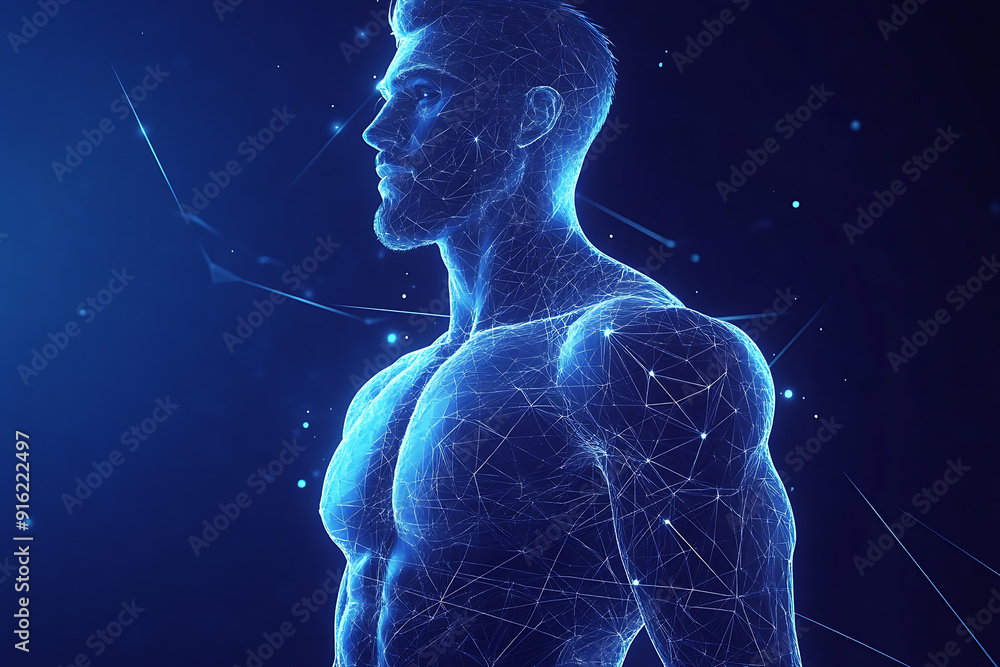 Poster handsome, muscular man with a bare torso depicted in a plexus style, combining physical strength wit