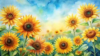 Obraz premium Watercolor painting of vibrant sunflowers , sunflowers, watercolor, painting, art, vibrant, colorful, nature, flowers, botanical