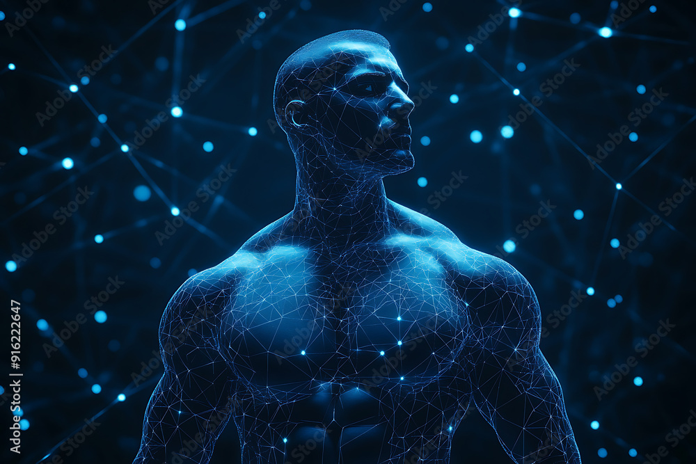 Poster handsome, muscular man with a bare torso depicted in a plexus style, combining physical strength wit