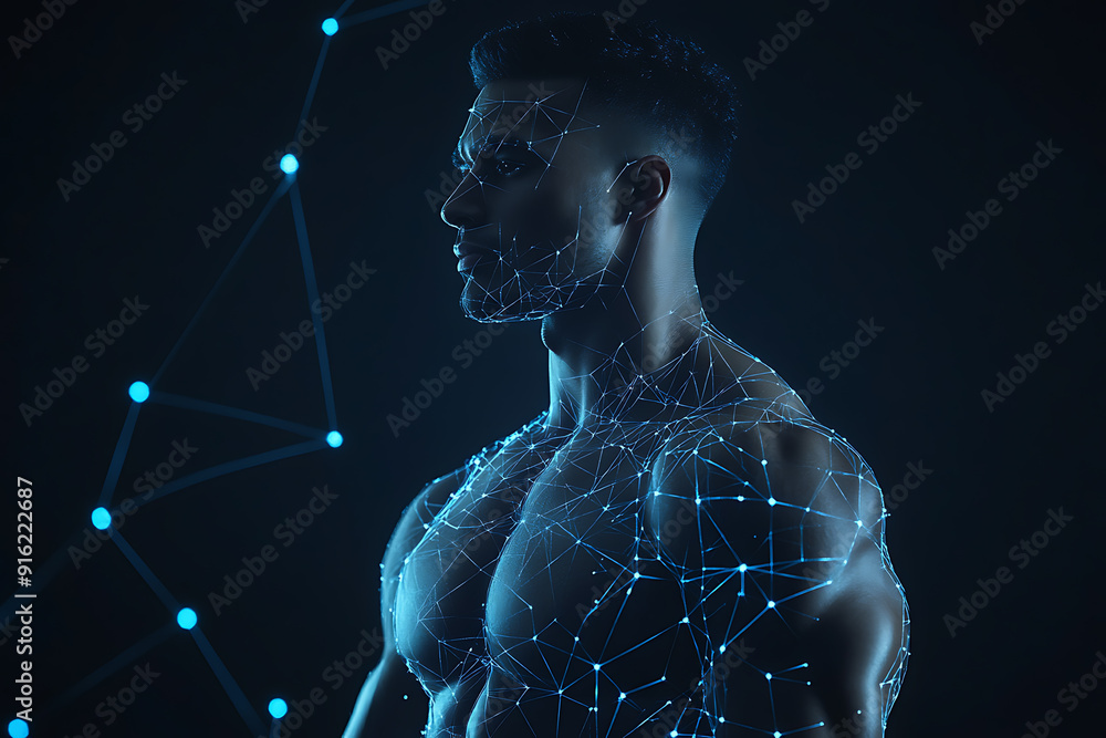 Poster handsome, muscular man with a bare torso depicted in a plexus style, combining physical strength wit