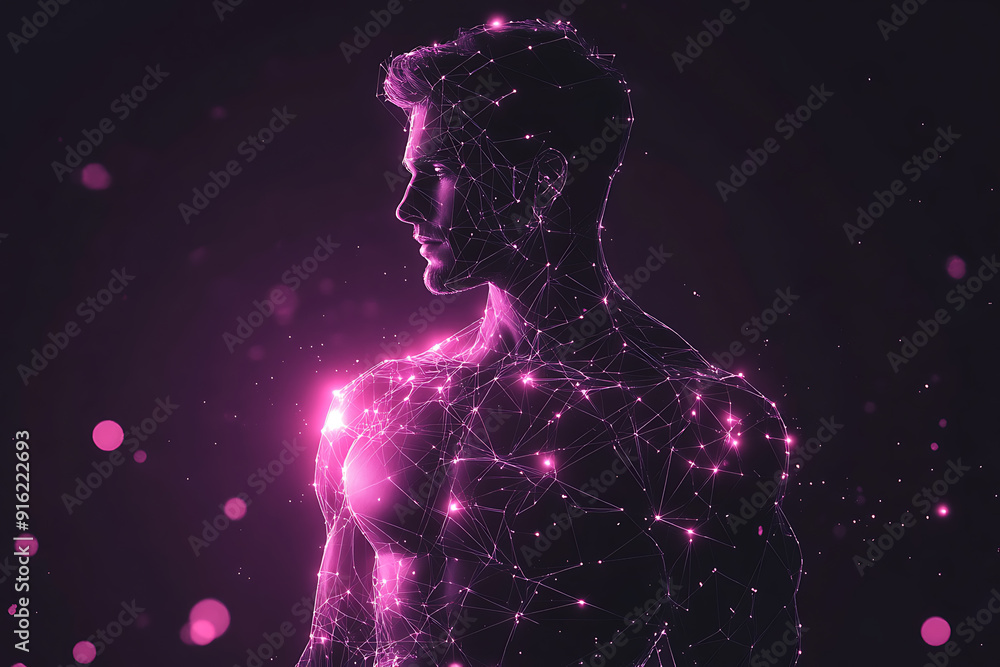 Poster handsome, muscular man with a bare torso depicted in a plexus style, combining physical strength wit