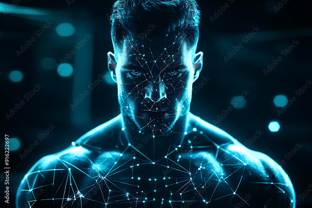 Poster handsome, muscular man with a bare torso depicted in a plexus style, combining physical strength wit