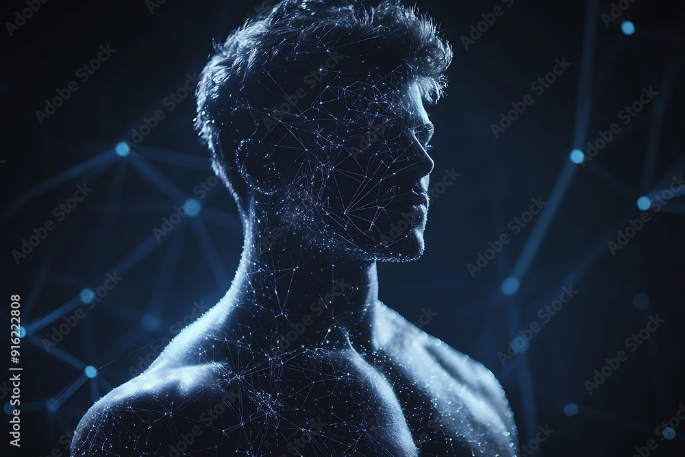 Poster handsome, muscular man with a bare torso depicted in a plexus style, combining physical strength wit