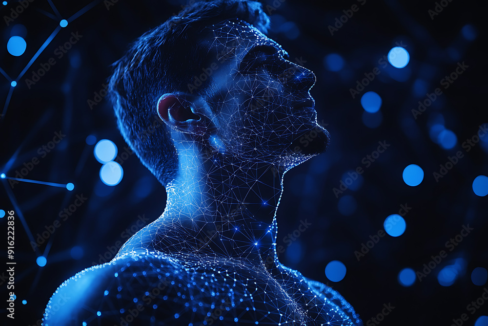 Poster handsome, muscular man with a bare torso depicted in a plexus style, combining physical strength wit