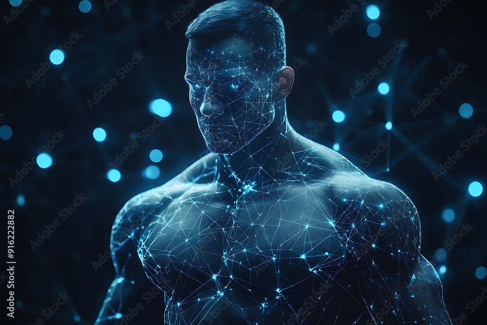 Poster handsome, muscular man with a bare torso depicted in a plexus style, combining physical strength wit