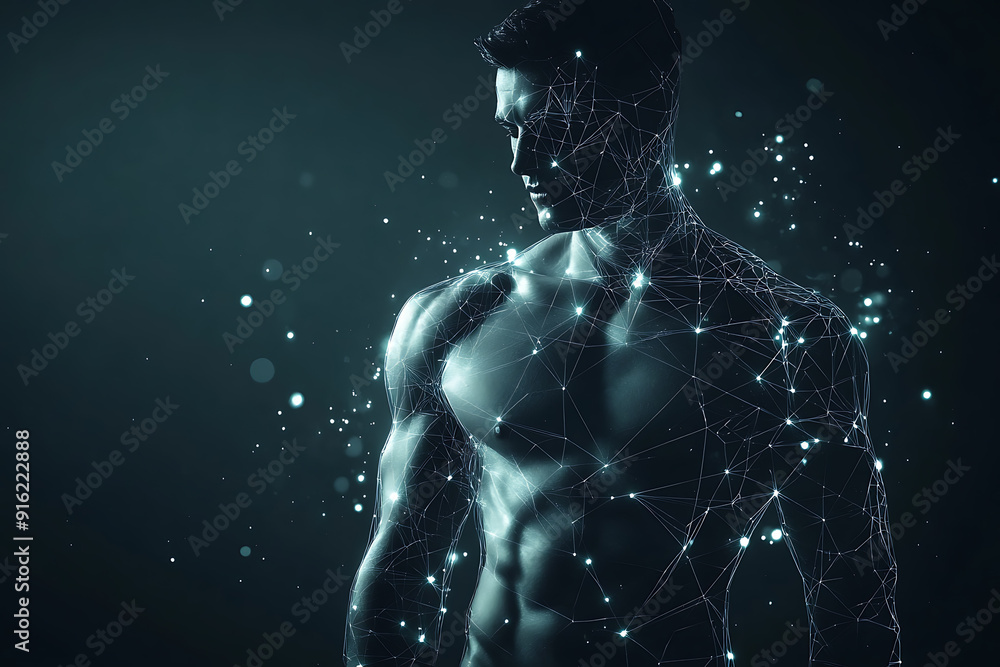 Poster handsome, muscular man with a bare torso depicted in a plexus style, combining physical strength wit
