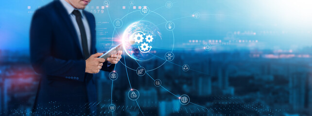 Automation: Seamless integration, businessman uses tablet and synchronizes with the structure of...