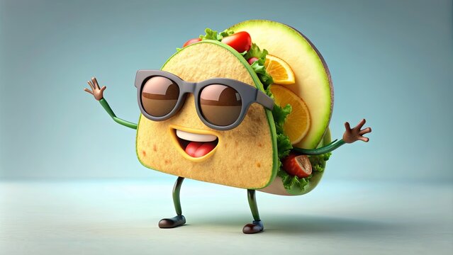 Cheerful taco wearing sunglasses, dancing and laughing with avocado on Taco Tuesday , fun, taco, Tuesday, avocado, laughing