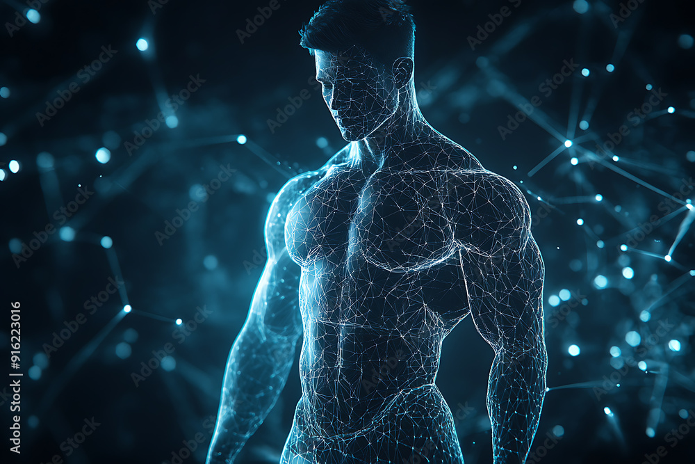 Poster handsome, muscular man with a bare torso depicted in a plexus style, combining physical strength wit