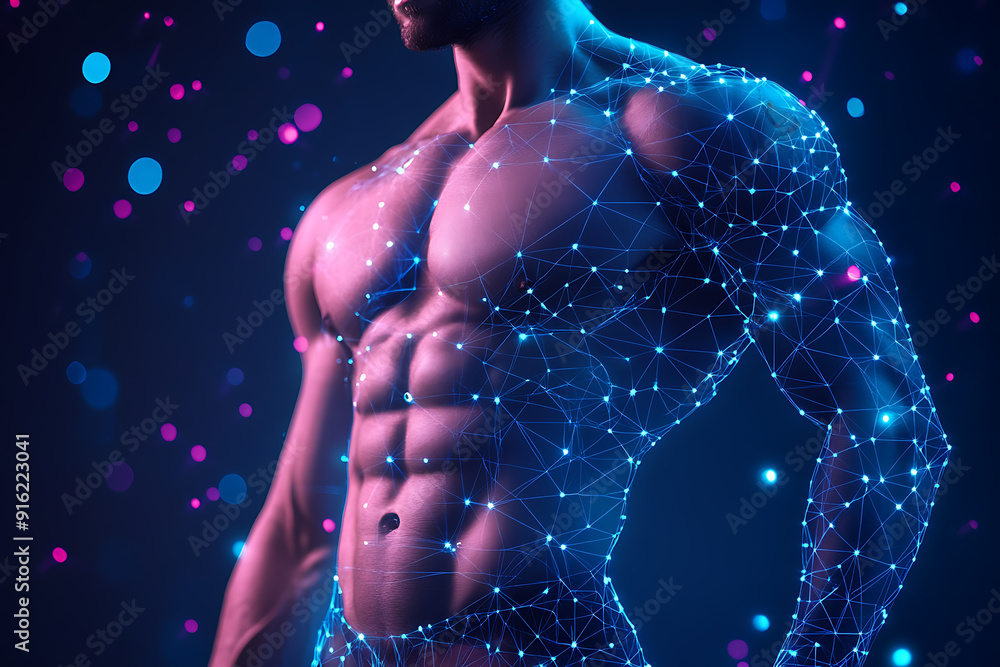 Poster handsome, muscular man with a bare torso depicted in a plexus style, combining physical strength wit
