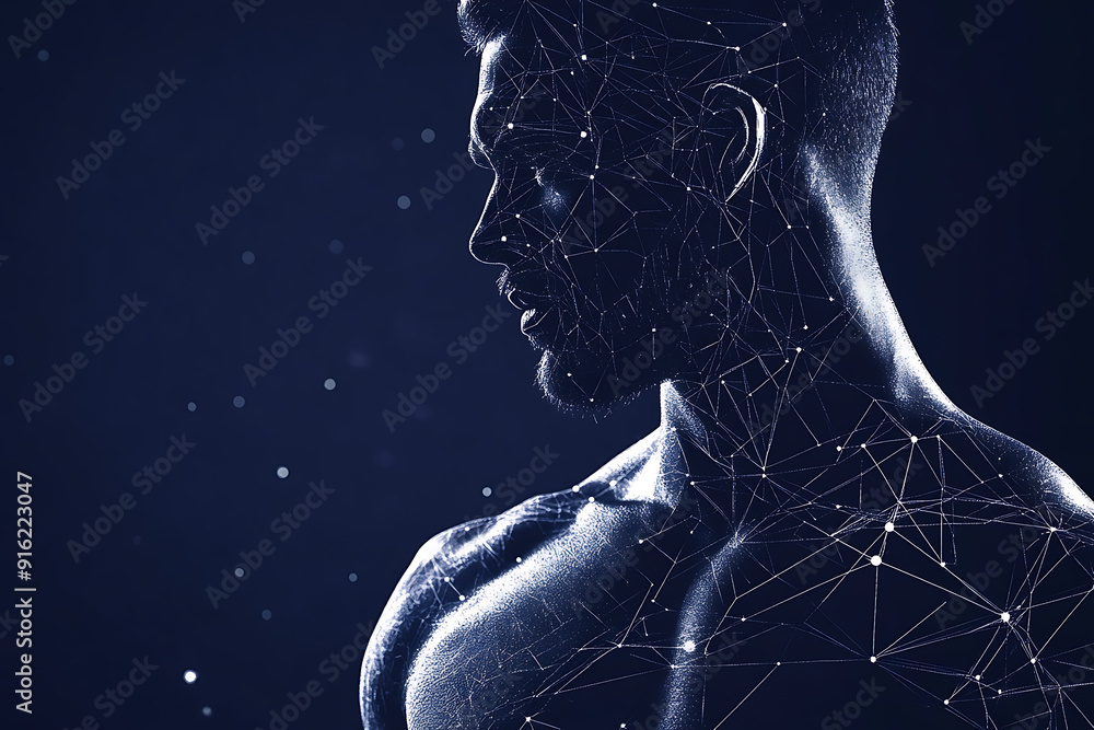 Poster handsome, muscular man with a bare torso depicted in a plexus style, combining physical strength wit
