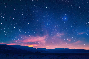 Fototapeta premium Mountain Silhouette Under Starry Sky with Pink Clouds - Night Sky Illustration