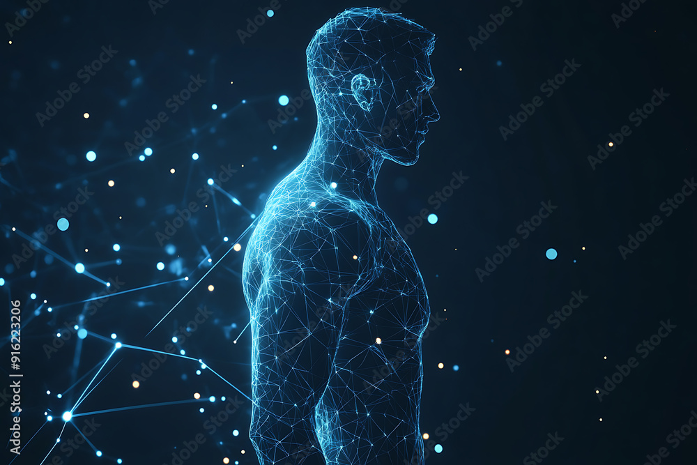 Poster handsome, muscular man with a bare torso depicted in a plexus style, combining physical strength wit