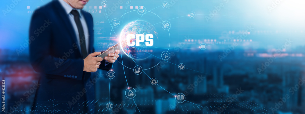 Poster cps : integration, businessman uses tablet and synchronizes with the structure of cyber-physical sys