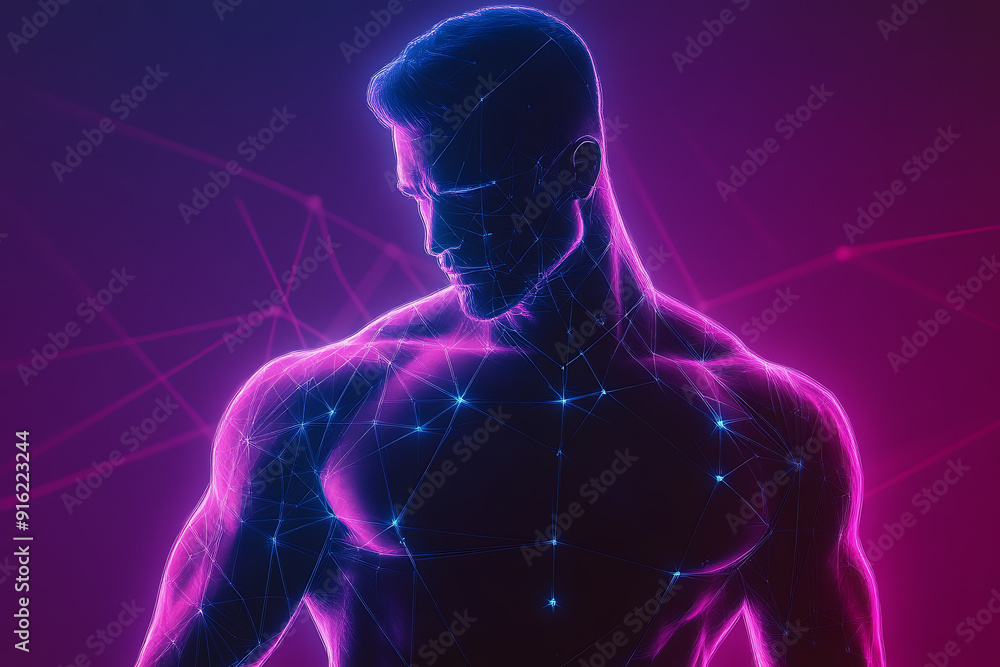 Poster handsome, muscular man with a bare torso depicted in a plexus style, combining physical strength wit