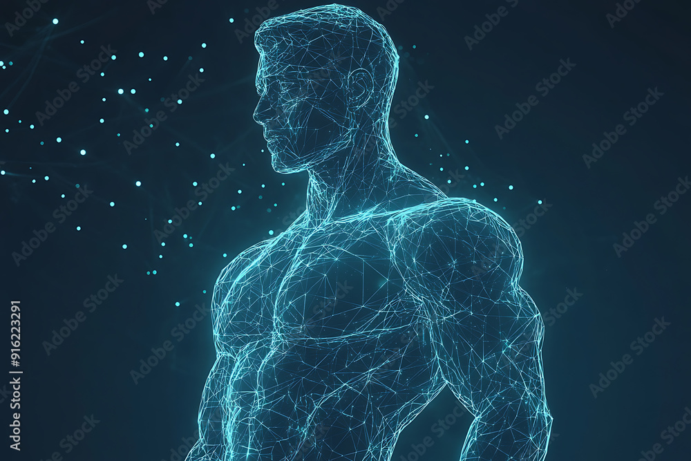 Poster handsome, muscular man with a bare torso depicted in a plexus style, combining physical strength wit
