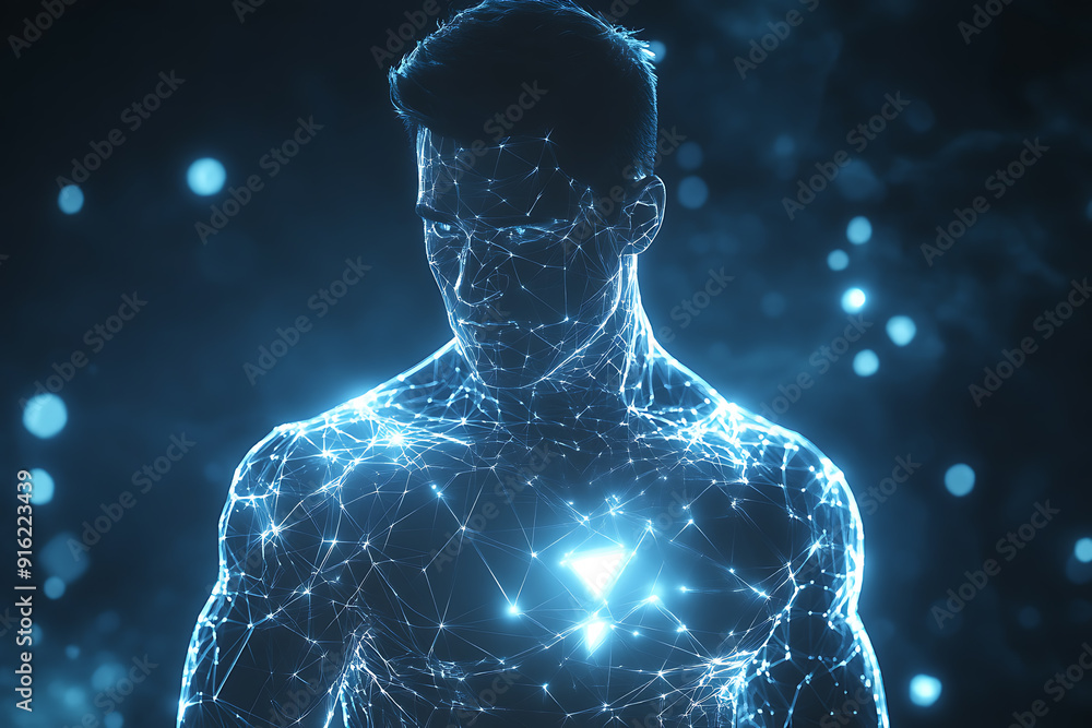 Poster handsome, muscular man with a bare torso depicted in a plexus style, combining physical strength wit