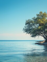 Tranquil Seascape with Lush Tree by the Shoreline