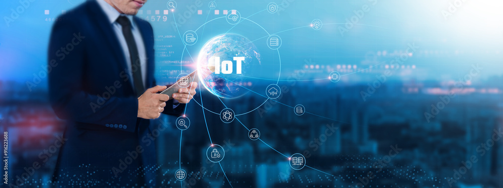 Poster .iot: connectivity, businessman uses tablet and synchronizes with structure of smart devices on netw