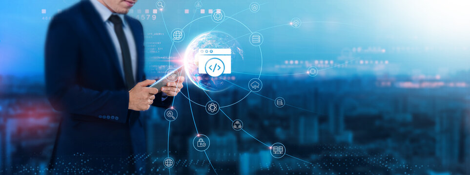 Web Development: Responsive design, businessman uses tablet and synchronizes with the structure of web applications on the network for working in the futuristic business, user experience.