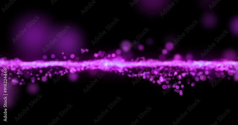 Aufkleber Animation, data stream and networking with purple particles on black background for communication. Encryption, future and graphic with cloud computing or information technology in dark cyberspace