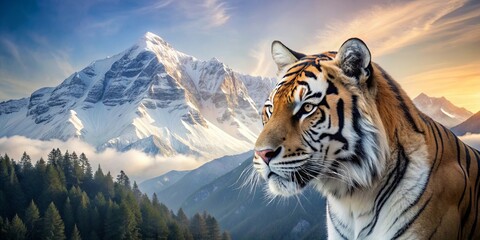 Double exposure of majestic tiger overlaid on a scenic alpine landscape with snow-capped mountains, tiger, double exposure