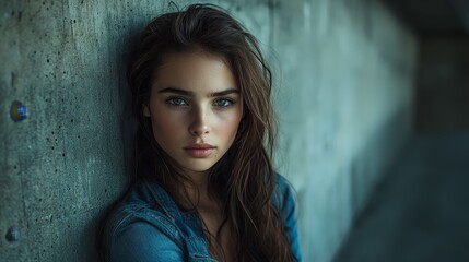 Fototapeta premium The young brown haired woman in blue jeans leaned against the gray concrete wall, her expression slightly dull, with a subtle and introspective atmosphere.