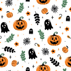 Halloween set with ghost, potion, branches, moon, crescent, leaves, pumpkins, stars, eyes and candies, sweets. Halloween card, Halloween pattern.