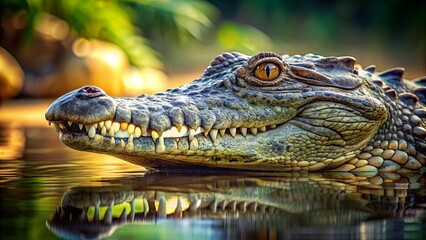 Fototapeta premium A close-up photo of a menacing crocodile in the water, wildlife, predator, reptile, animal, dangerous, swamp, teeth