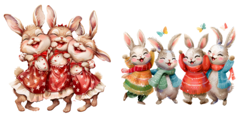 Set of group of lovely bunny easter wear chrismas custome isolated on transparent background