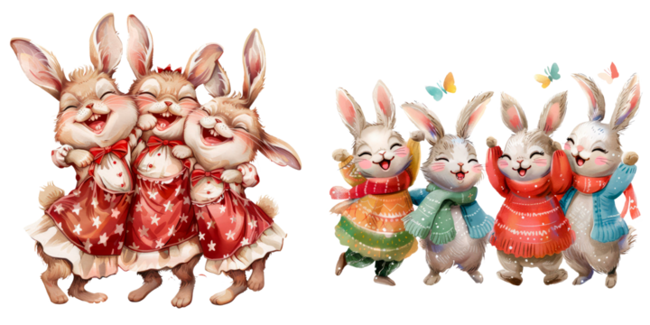 Set of group of lovely bunny easter wear chrismas custome isolated on transparent background
