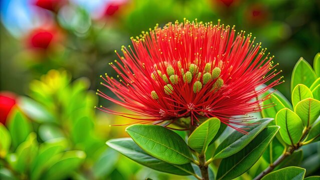 Vibrant red Ohia Lehua flower against green foliage, Hawaii, native, tropical, blossom, vibrant, red, flower, plant, nature