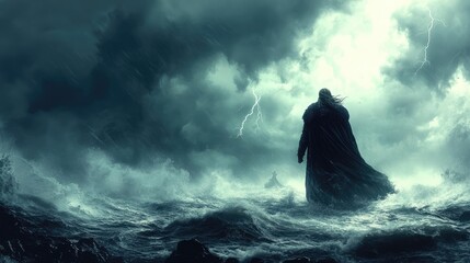 Man Braving a Stormy Ocean with Dramatic Lightning and Turbulent Waves