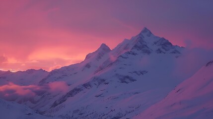Snowy Mountain Peaks Bathed in a Pink Sunset