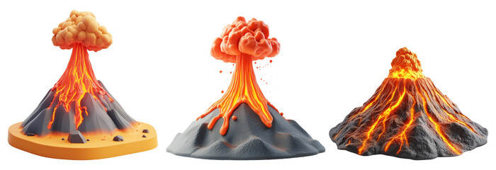 Volcanoes set isolated on transparent background, erupting and dormant volcanoes, perfect for geological or natural disaster themes.