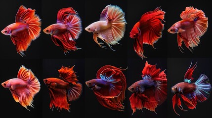 Set of Bettafish on black background.Capture the moving moment of siamese fighting fish isolated on black background 