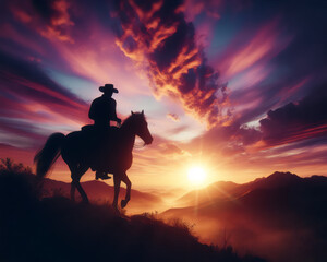 Obraz premium silhouette of a cowboy riding into the sunset, dreamy and optimistic, vibrant sky